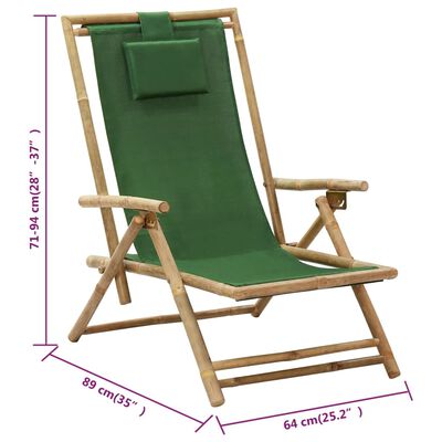 vidaXL atpūtas krēsls, atgāžams, zaļš audums, bambuss