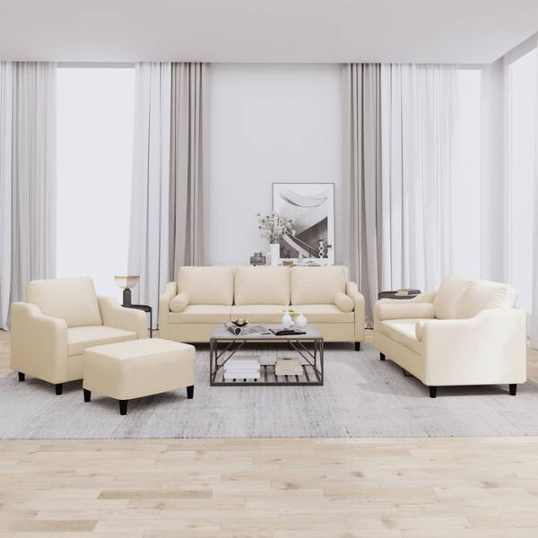 vidaXL četrdaļīgs dīvānu komplekts ar spilveniem, krēmkrāsas audums