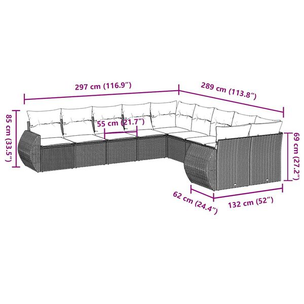 vidaXL 10-daļīgs dārza dīvāna komplekts ar matračiem, pelēka PE pinums
