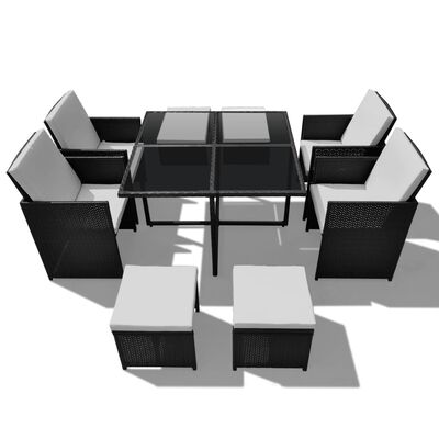 vidaXL 9-daļīgs dārza mēbeļu komplekts ar matračiem, PE pinums, melns