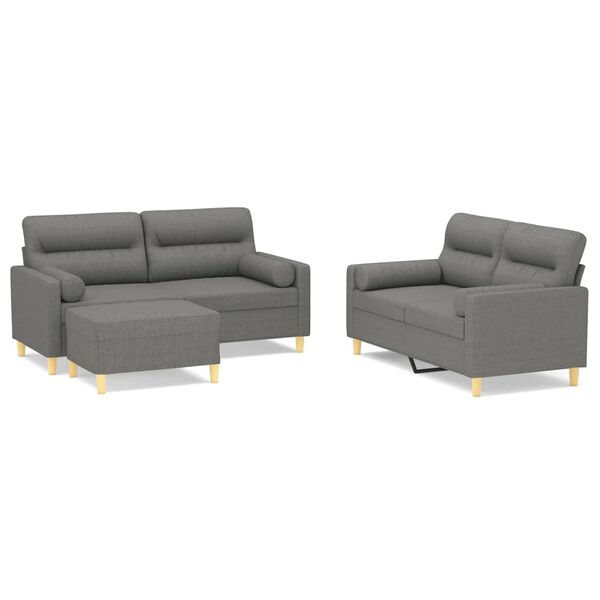 vidaXL trīsdaļīgs dīvānu komplekts ar spilveniem, tum&scaron;i pelēks audums