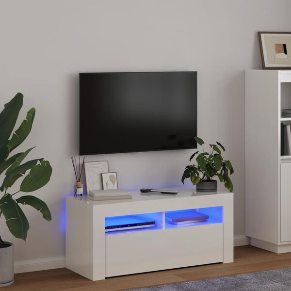 vidaXL TV galdiņ&scaron; ar LED lampiņām, 90x35x40 cm, spīdīgi balts