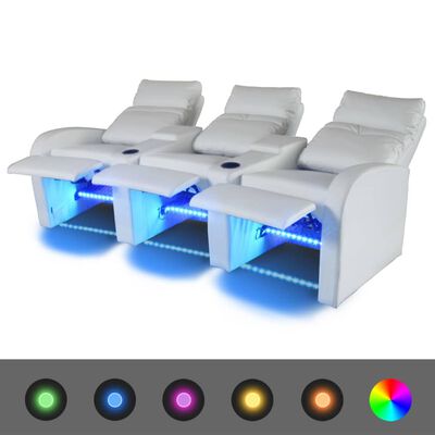 vidaXL atgāžams atpūtas dīvāns ar LED, trīsvietīgs, balta mākslīgā āda