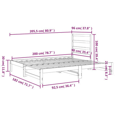 vidaXL izvelkama gulta, pelēka, 2x(90x200) cm, priedes masīvkoks