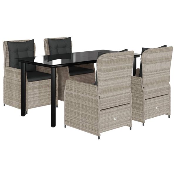 vidaXL 5-daļīgs dārza mēbeļu komplekts, matrači,gaiši pelēka PE pinums