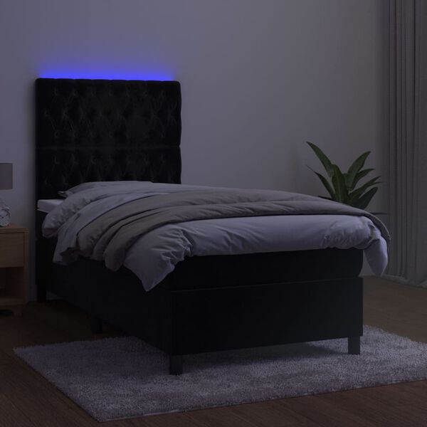 vidaXL atsperu gulta ar matraci, LED, melns samts, 90x190 cm