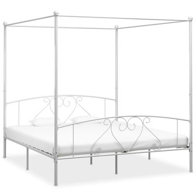 vidaXL gultas rāmis ar nojumi, balts, 200x200 cm, metāls