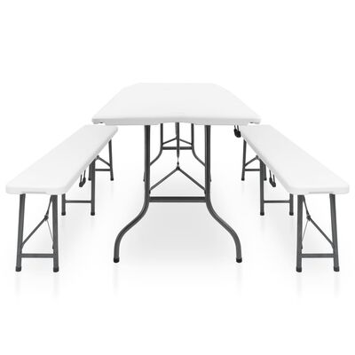 vidaXL saliekams dārza galds ar 2 soliem, 180 cm, tērauds, HDPE, balts