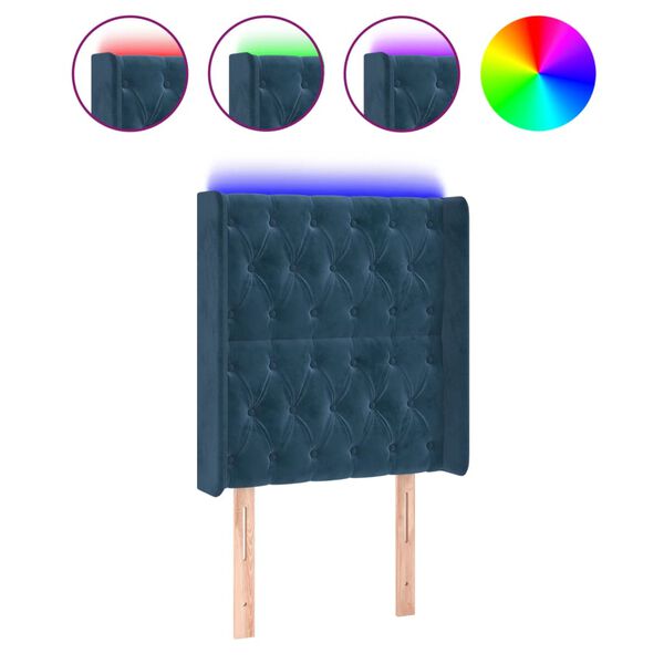 vidaXL gultas galvgalis ar LED, 83x16x118/128 cm, tum&scaron;i zils samts