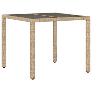 vidaXL dārza galds ar stikla virsmu, bē&scaron;s, 90x90x75 cm, PE rotangpalma