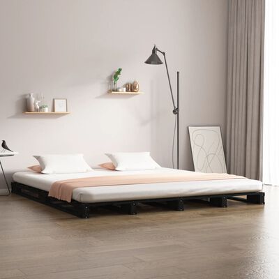 vidaXL palešu gulta, melna, 135x190 cm, priedes masīvkoks, divvietīga