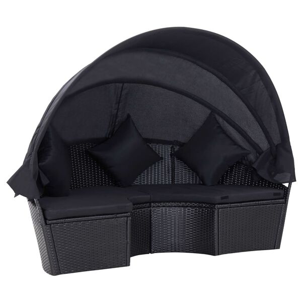 vidaXL dārza atpūtas gulta ar jumtiņu, melna PE rotangpalma