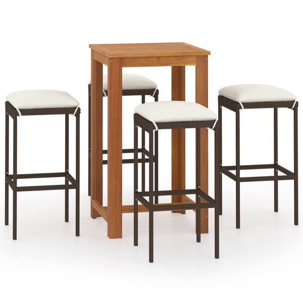 vidaXL 5-daļīgs dārza bāra mēbeļu komplekts ar matračiem, brūns