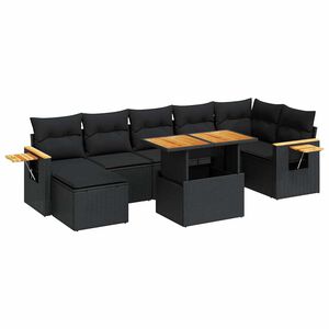 vidaXL 8-daļīgs dārza dīvāna komplekts, matrači, melna PE rotangpalma