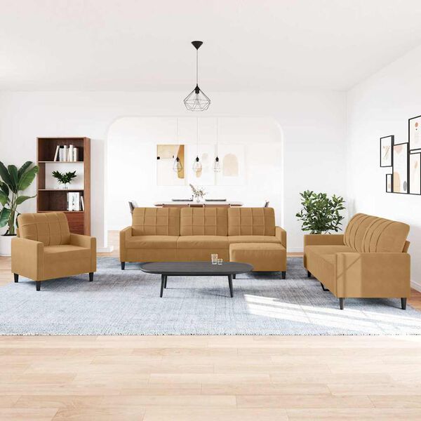 vidaXL četrdaļīgs dīvānu komplekts ar spilveniem, brūns samts