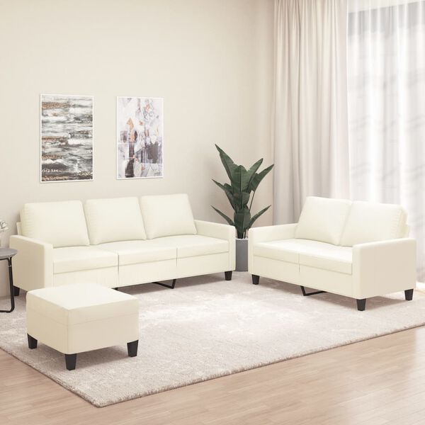 vidaXL trīsdaļīgs dīvānu komplekts, spilveni, krēmkrāsas mākslīgā āda