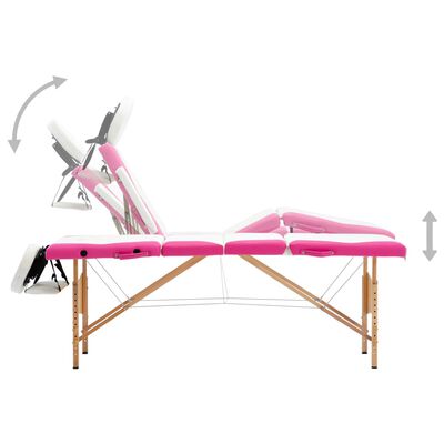vidaXL saliekams masāžas galds, 4 daļas, koks, balts ar rozā
