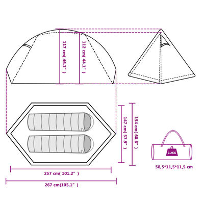 vidaXL kempinga telts, 2 personām, pelēka, oranža, ūdensizturīga