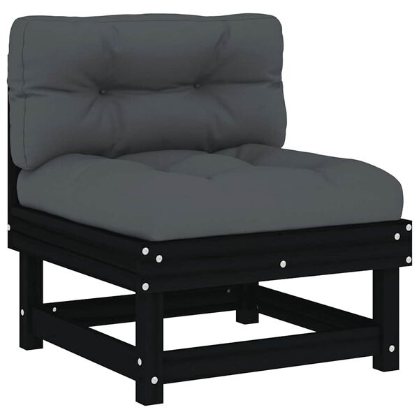 vidaXL vidējais dīvāns ar matračiem, melns priedes masīvkoks