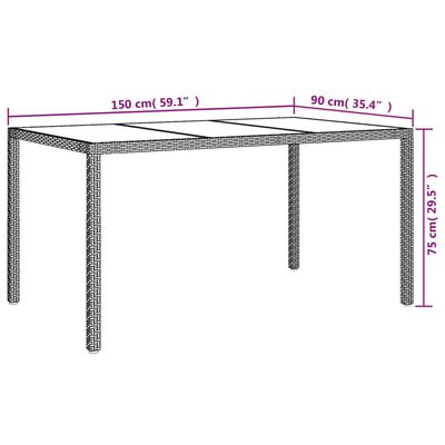 vidaXL dārza galds, 150x90x75 cm, rūdīts stikls, mākslīgā rotangpalma