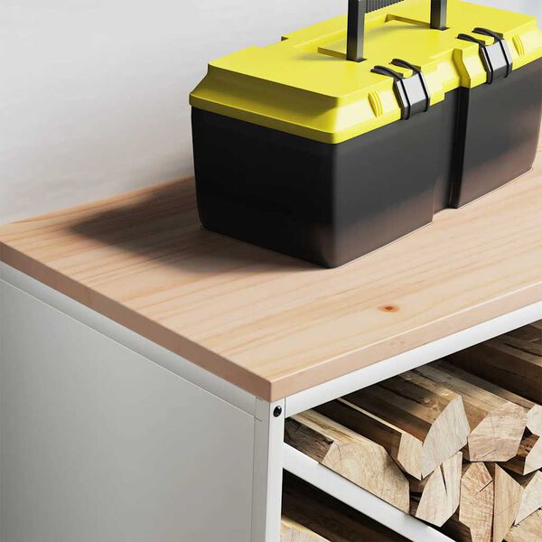 vidaXL malkas plaukts ar koka virsmu, balts, 100,5x35,5x40 cm