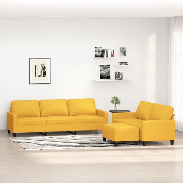 vidaXL trīsdaļīgs dīvānu komplekts ar spilveniem, dzeltens audums