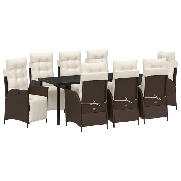 vidaXL Dārza ēdamgalds ar spilvenu 9 pcs Brūna poliratāns