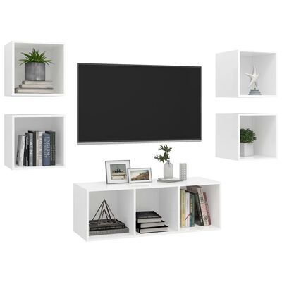 vidaXL 5-daļīgs TV plauktu komplekts, balts, skaidu plāksne
