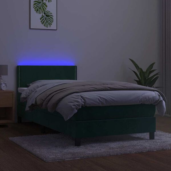 vidaXL atsperu gulta ar matraci, LED, tum&scaron;i zaļ&scaron; samts, 90x190 cm