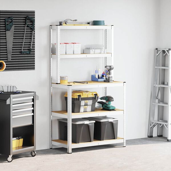 vidaXL 5-līmeņu darba galds ar plauktiem, sudrabains tērauds, koks