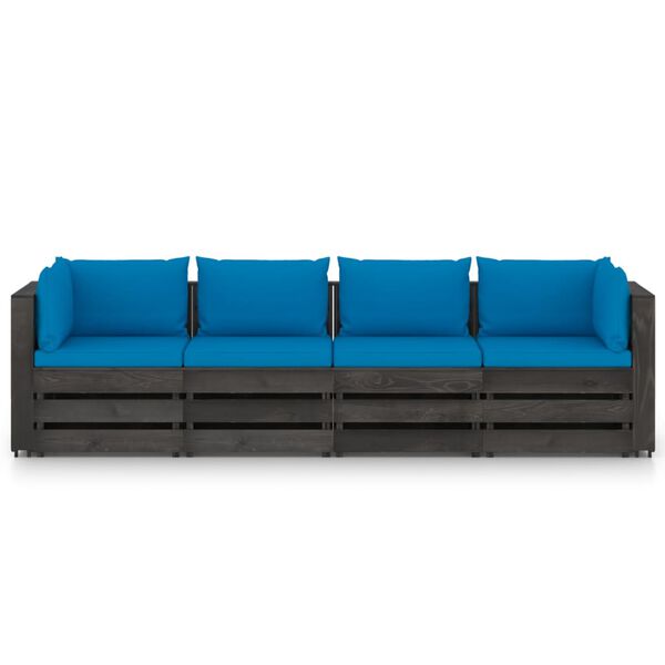 vidaXL četrvietīgs dārza dīvāns ar matračiem, pelēks, impregnēts koks