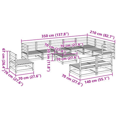 vidaXL 11-daļīgs dārza dīvānu komplekts, priedes masīvkoks