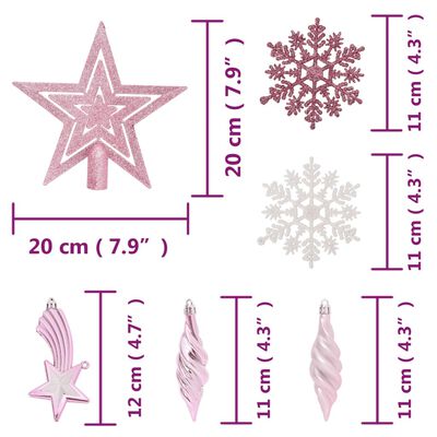 vidaXL Ziemassvētku eglīšu rotājumi, 65 gab., rozā/sarkani/balti