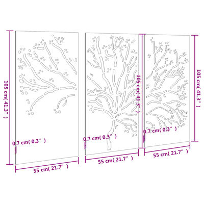 vidaXL dārza sienas rotājumi, 3 gab., 105x55 cm, tērauds, rūsas efekts