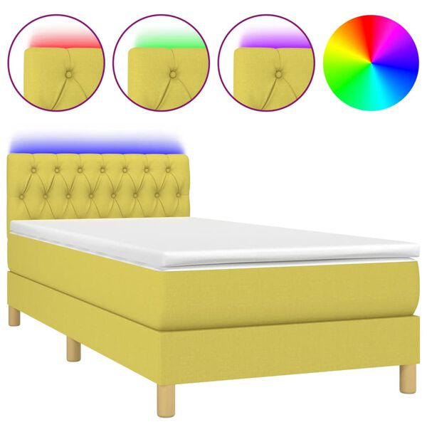 vidaXL atsperu gulta ar matraci, LED, zaļ&scaron; audums, 90x190 cm