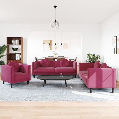 vidaXL trīsdaļīgs dīvānu komplekts ar spilveniem, vīnsarkans samts