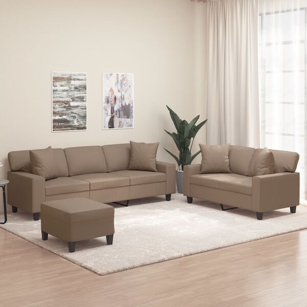 vidaXL trīsdaļīgs dīvānu komplekts ar spilveniem kapučīno mākslīgā āda