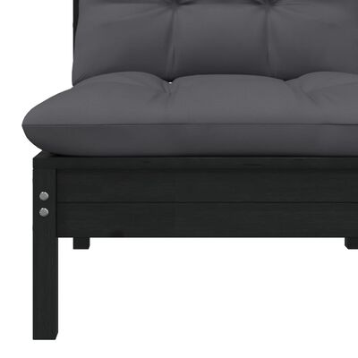 vidaXL dārza vidējais dīvāns ar matračiem, melns priedes masīvkoks