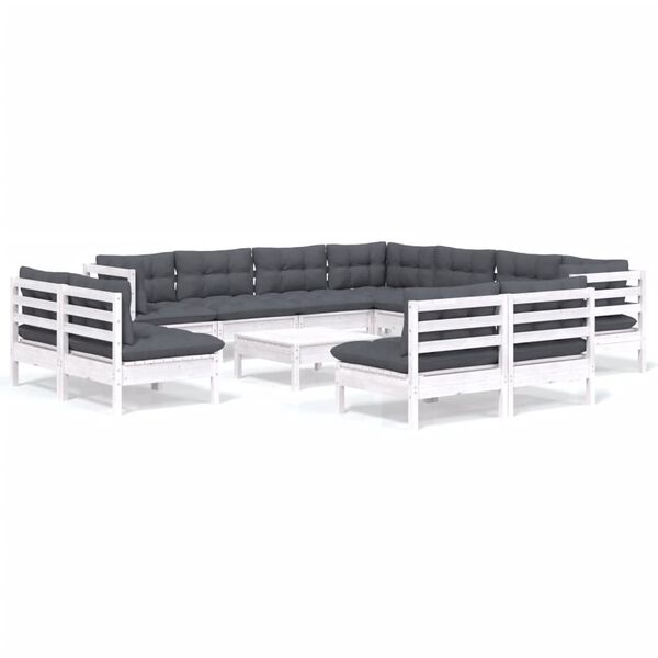 vidaXL 12-daļīgs dārza mēbeļu komplekts ar matračiem, balta priede