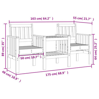 vidaXL dārza sols ar galdiņu, divvietīgs, melns, priedes masīvkoks