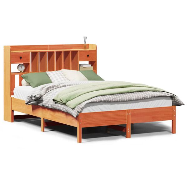 vidaXL gulta ar grāmatu plauktu, bez matrača, 135x190 cm, priedes koks