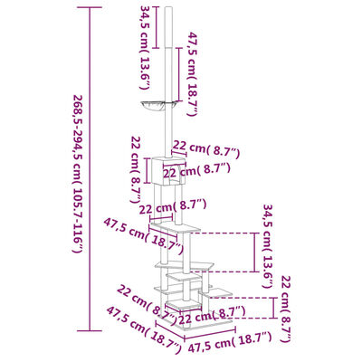 vidaXL kaķu māja līdz griestiem, krēmkrāsas, 268,5-294,5 cm