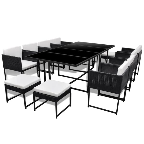 vidaXL 13-daļīgs dārza mēbeļu komplekts ar matračiem, PE pinums, melns