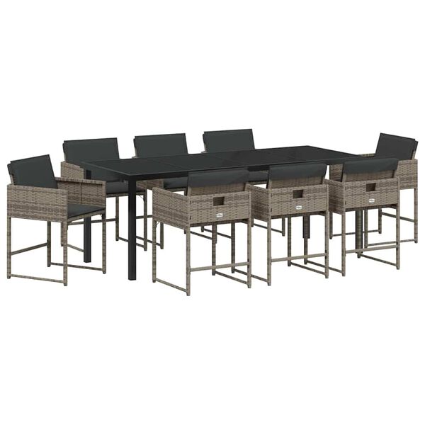 vidaXL Dārza ēdamgalds ar spilvenu 9 pcs Pelēka poliratāns