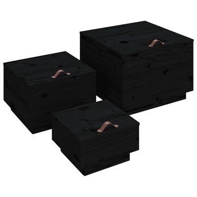 vidaXL uzglabāšanas kastes ar vākiem, 3 gab., melns priedes masīvkoks