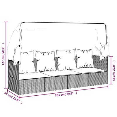 vidaXL dārza atpūtas gulta ar jumtu un matračiem, melna PE rotangpalma
