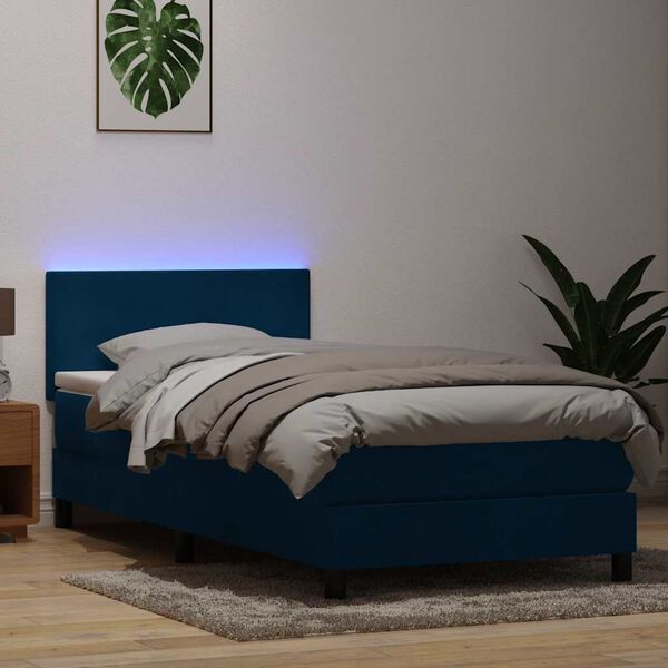 vidaXL atsperu gulta ar matraci, LED, tum&scaron;i zils samts, 80x210 cm