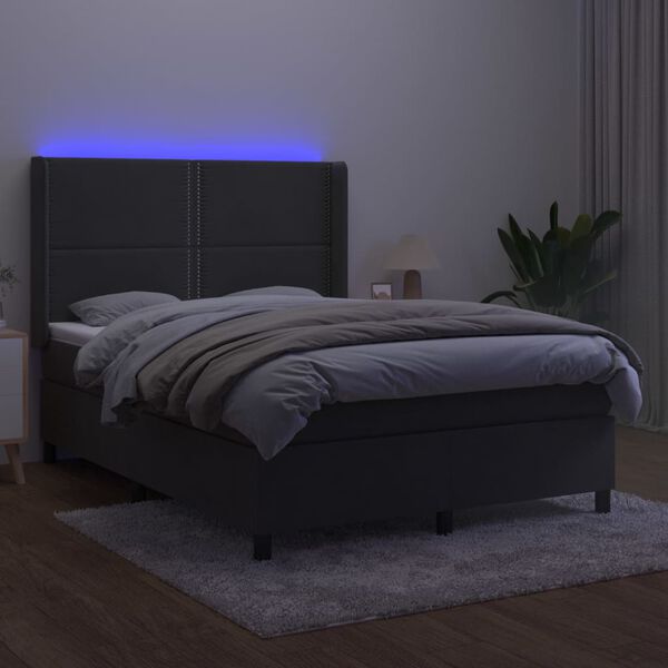 vidaXL atsperu gulta ar matraci, LED, tum&scaron;i pelēks samts, 140x190 cm