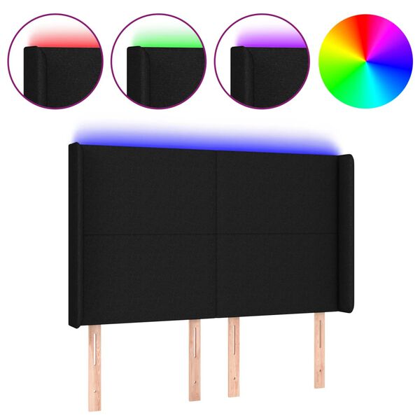 vidaXL gultas galvgalis ar LED, 147x16x118/128 cm, melns audums