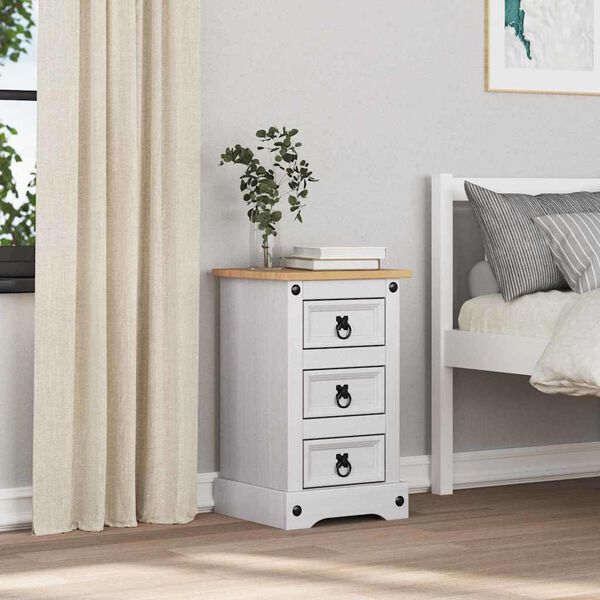 vidaXL Naktsgaldiņ&scaron; Corona Balts 35 x 32,5 x 58 cm Ciets priedes koks